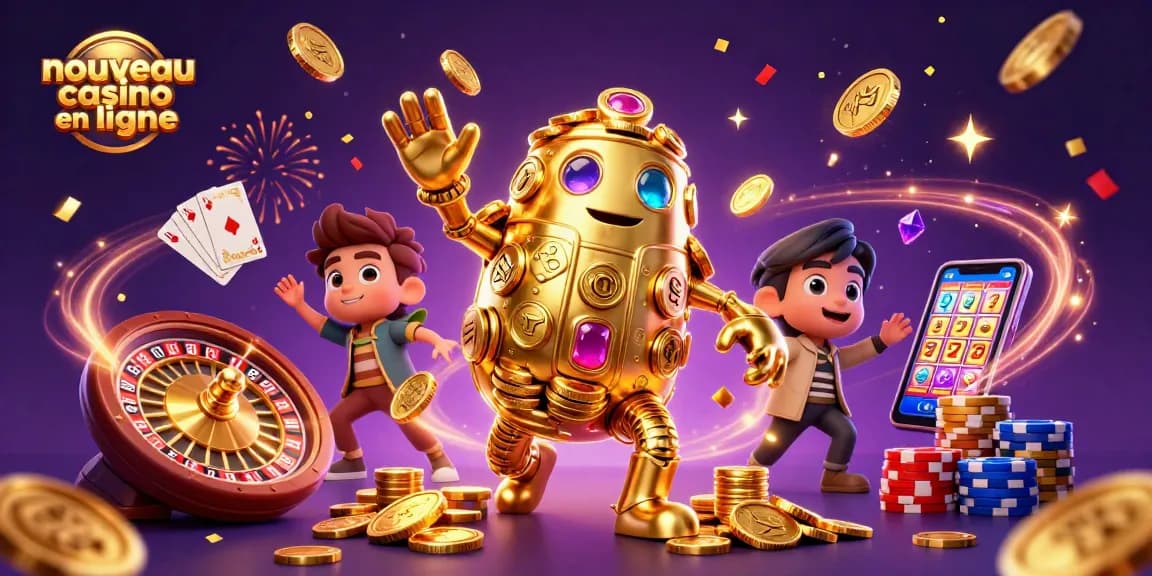 Illustration dynamique de nouveau casino en ligne avec un golem d'or et des éléments de jeu captivants.