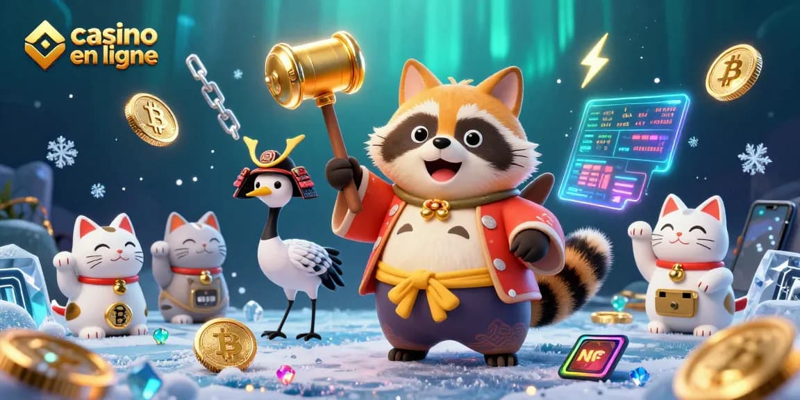 Une illustration colorée et animée présentant un casino en ligne avec un tanuki portant un costume traditionnel, des pièces de crypto-monnaie et des maneki-neko en arrière-plan.