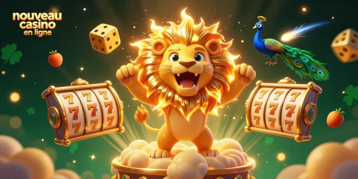 Nouveau casino en ligne avec des machines à sous et un lion solaire rugissant dans un décor vibrant.