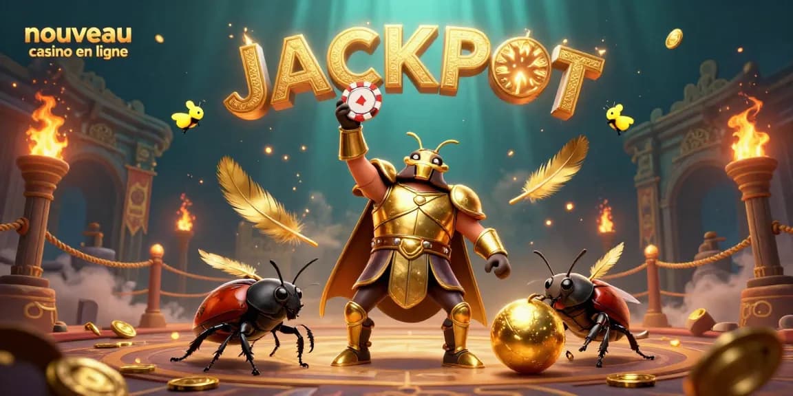 Image dynamique de nouveau casino en ligne avec un scarabée guerrier triomphant et des feux follets.