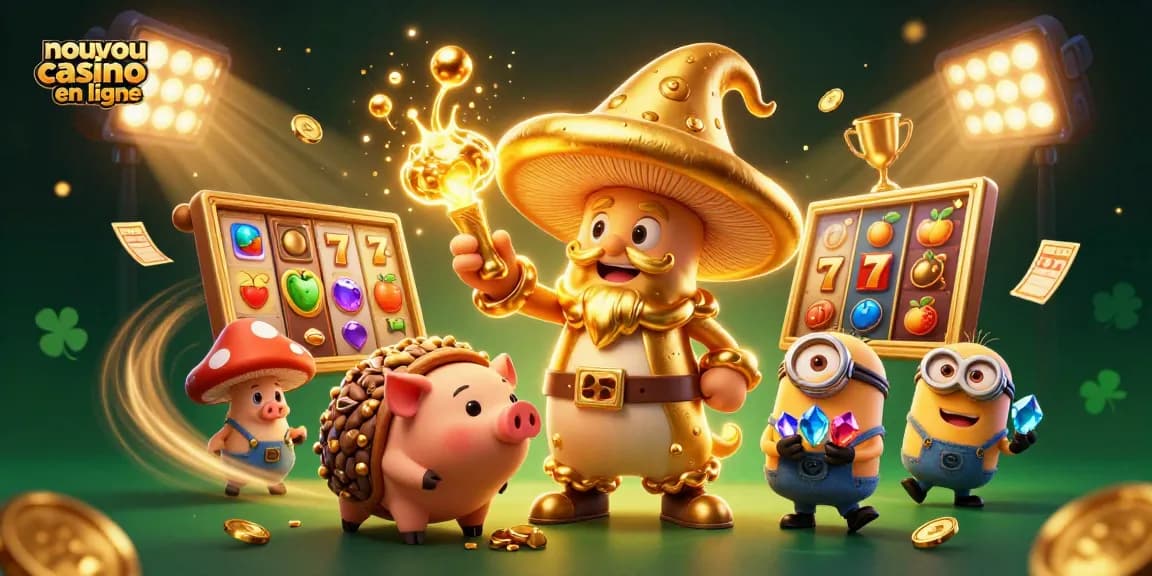 Illustration dynamique de nouveau casino en ligne avec des personnages amusants et des éléments de jeu captivants.