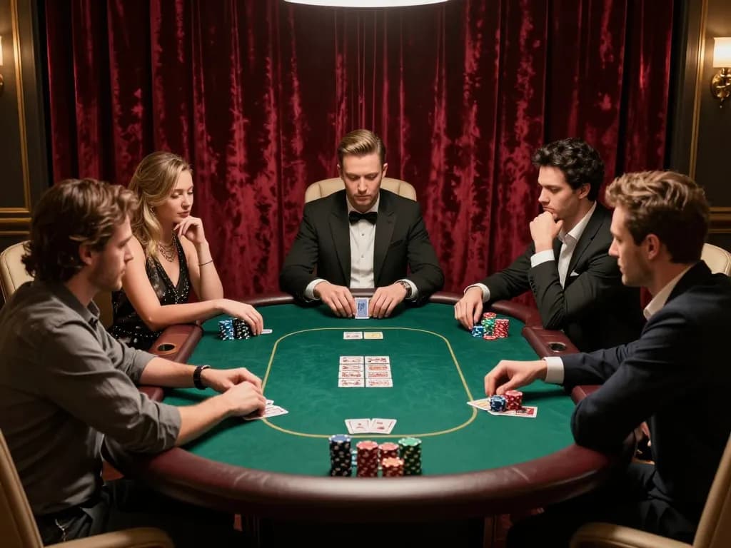 Pemain terlibat dalam permainan poker yang intens di tempat mewah, menampilkan pengalaman bermain paris888.