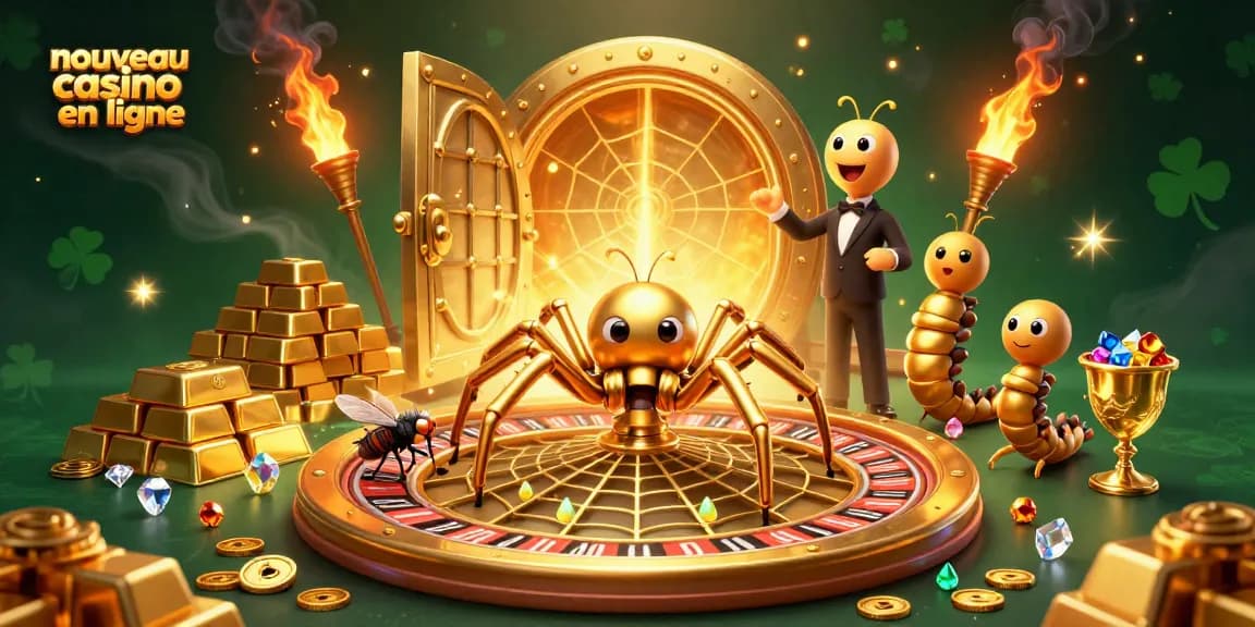 Jouer au nouveau casino en ligne avec une araignée dorée et une ambiance de gains éclatants.