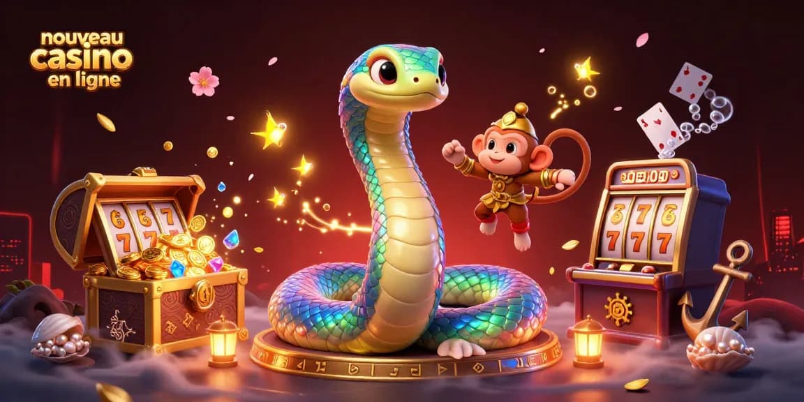 Explorez le nouveau casino en ligne avec un serpent arc-en-ciel et un roi singe, entouré de machines à sous.