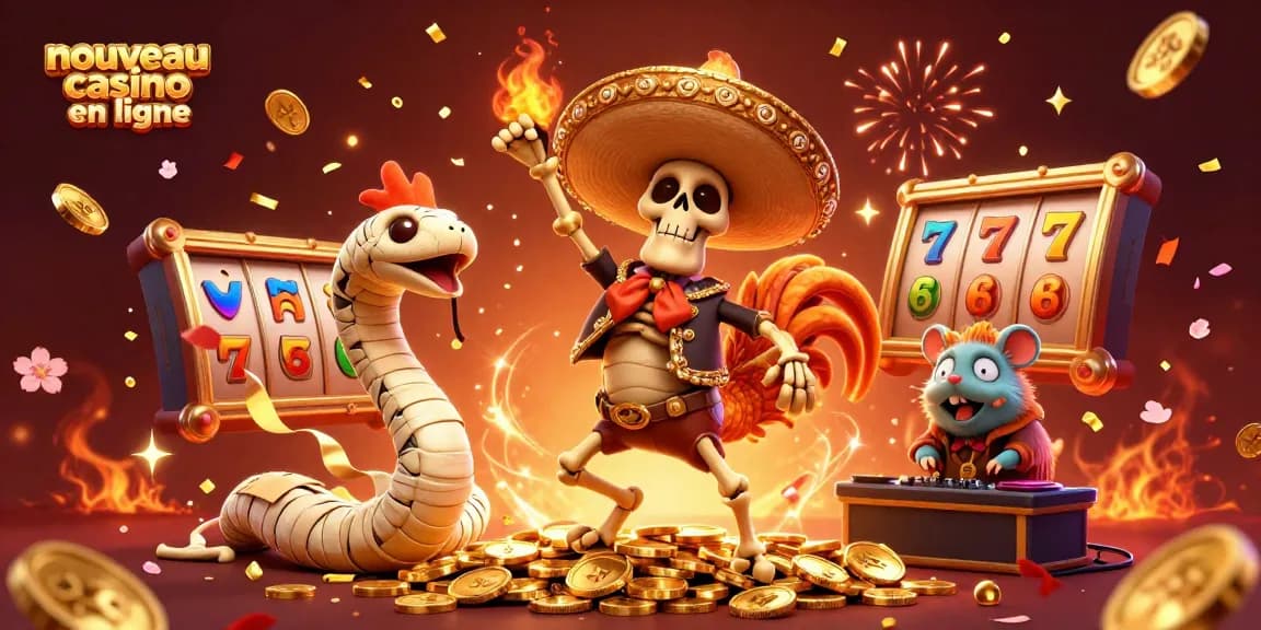 Vibrez avec un nouveau casino en ligne au rythme d'un mariachi et d'un DJ, célébrant parmi des pièces d'or scintillantes.