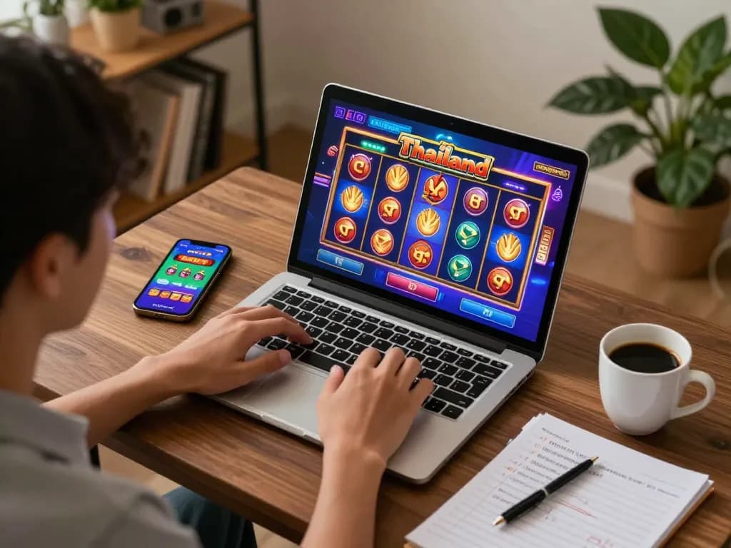 Engaging online slot thailand gaming experience on a cozy home laptop setup with betting strategies visible.