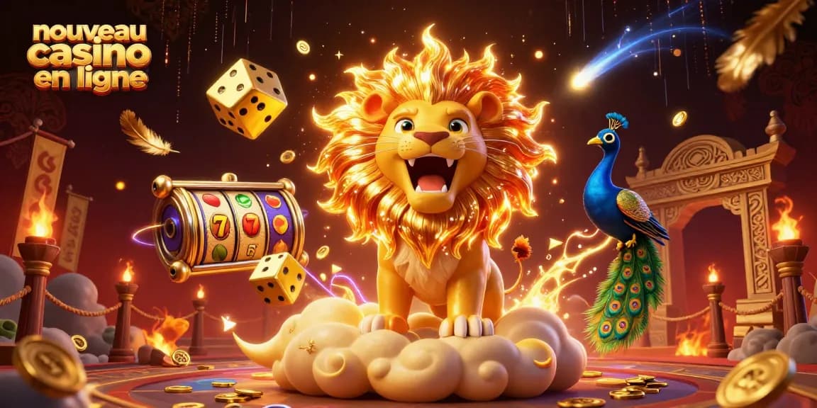 Illustration dynamique de nouveau casino en ligne intégrant des éléments de jeux, avec un lion solaire triomphant.