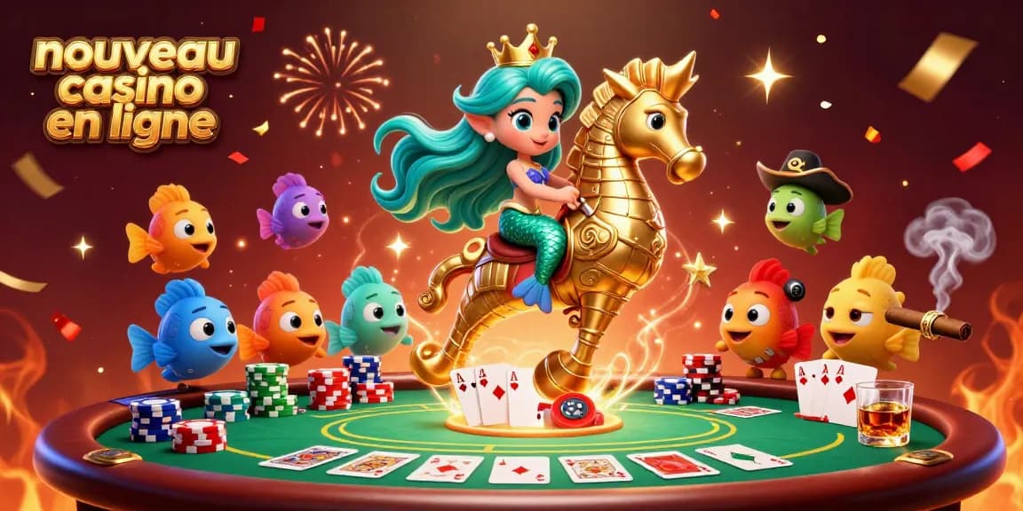 Illustration dynamique d'un nouveau casino en ligne avec une princesse sirène, des éléments de poker et des accessoires festifs.