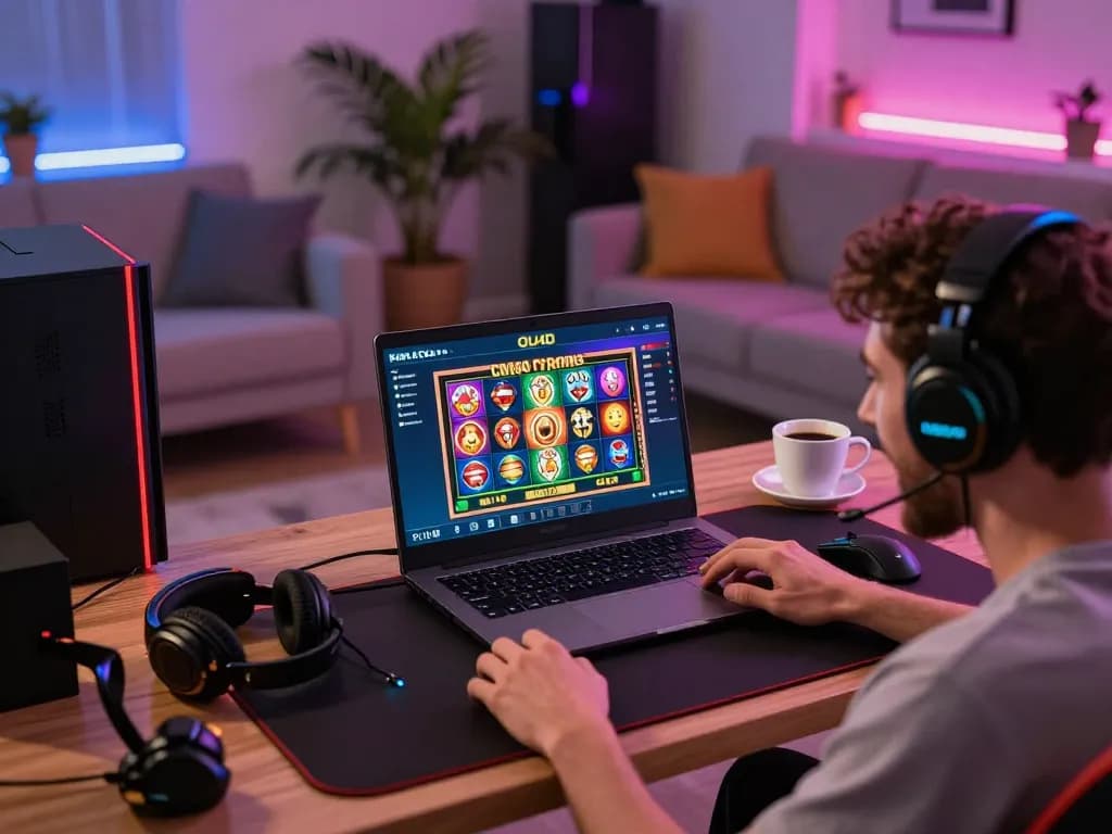 Player enjoying oli4d alternatif on laptop, showcasing exciting online slot games in a cozy gaming setup.