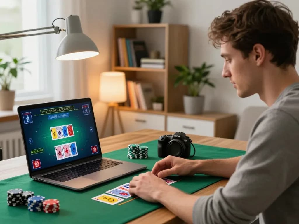 Engaging online blackjack game on 388bet with player strategizing in cozy home setting.