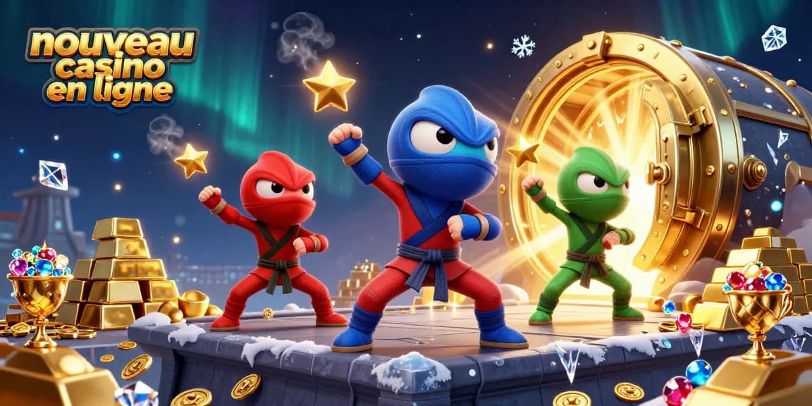 Visuel dynamique illustrant le nouveau casino en ligne avec des caméléons ninjas et des trésors brillants.