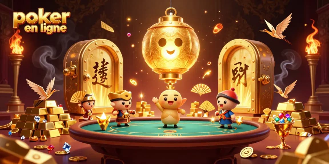 Vivez l'excitation du poker en ligne avec cette illustration 3D dynamique remplie de personnages et d'éléments de casino.