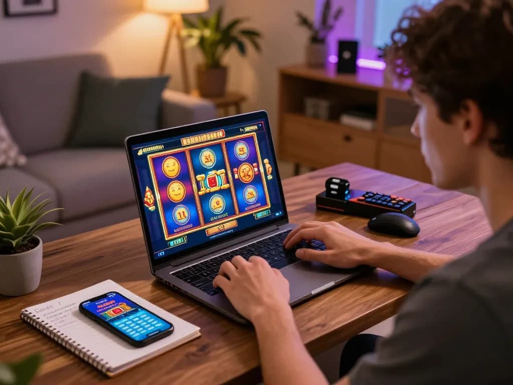 Engaged player at home using a laptop for slot bonus new member gaming with strategic notes and mobile casino app.