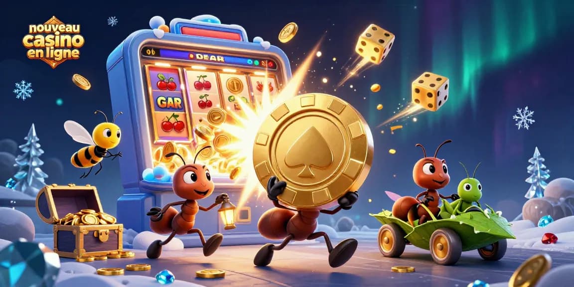 Un casino en ligne nouveau avec une équipe de fourmis volantes portant un jeton de poker doré.