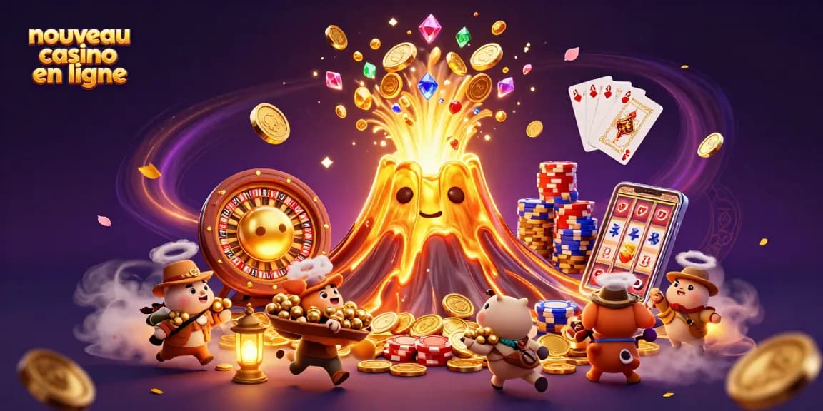 Un explosif nouveau casino en ligne illustré par un volcan doré, des trésors et des jeux captivants.