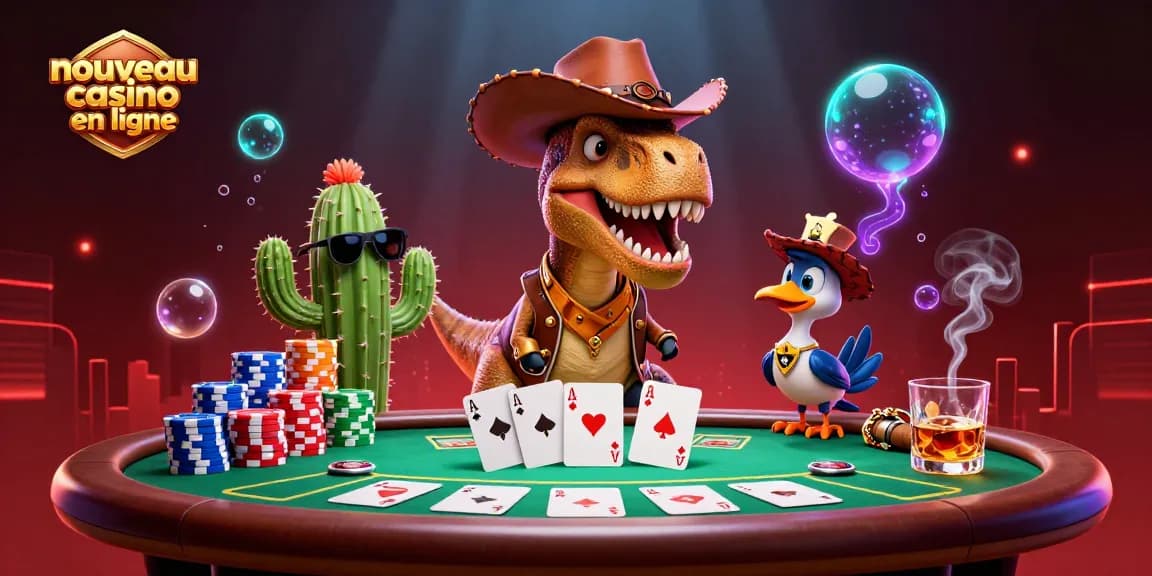 Illustration dynamique d'un nouveau casino en ligne avec un T-Rex, cactus et roadrunner jouant au poker.