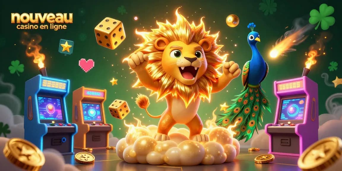 Vibrez avec le nouveau casino en ligne, illustré par un lion solaire et des dés dorés. Action et excitation!