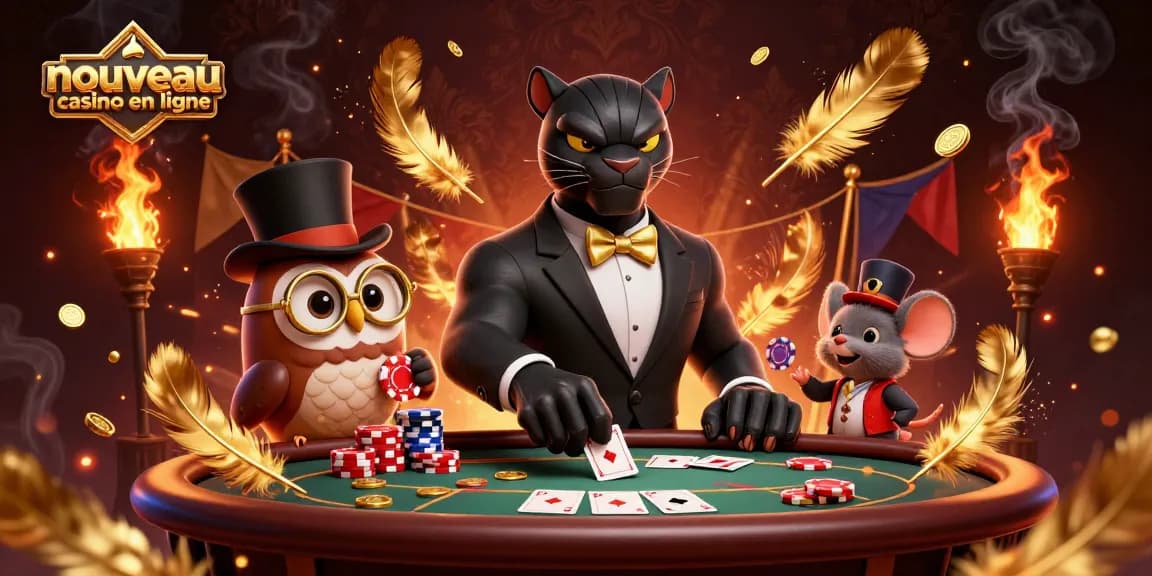 Jouez au nouveau casino en ligne avec une illustration dynamique illustrant un panthère en costume, un hibou et une souris porte-bonheur.