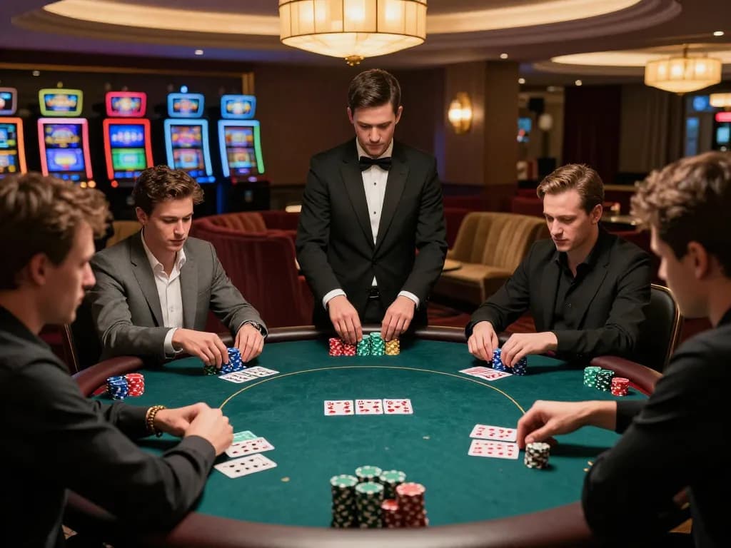 Players engaged in an intense poker game at 8kbetbh casino, showcasing strategy and excitement.
