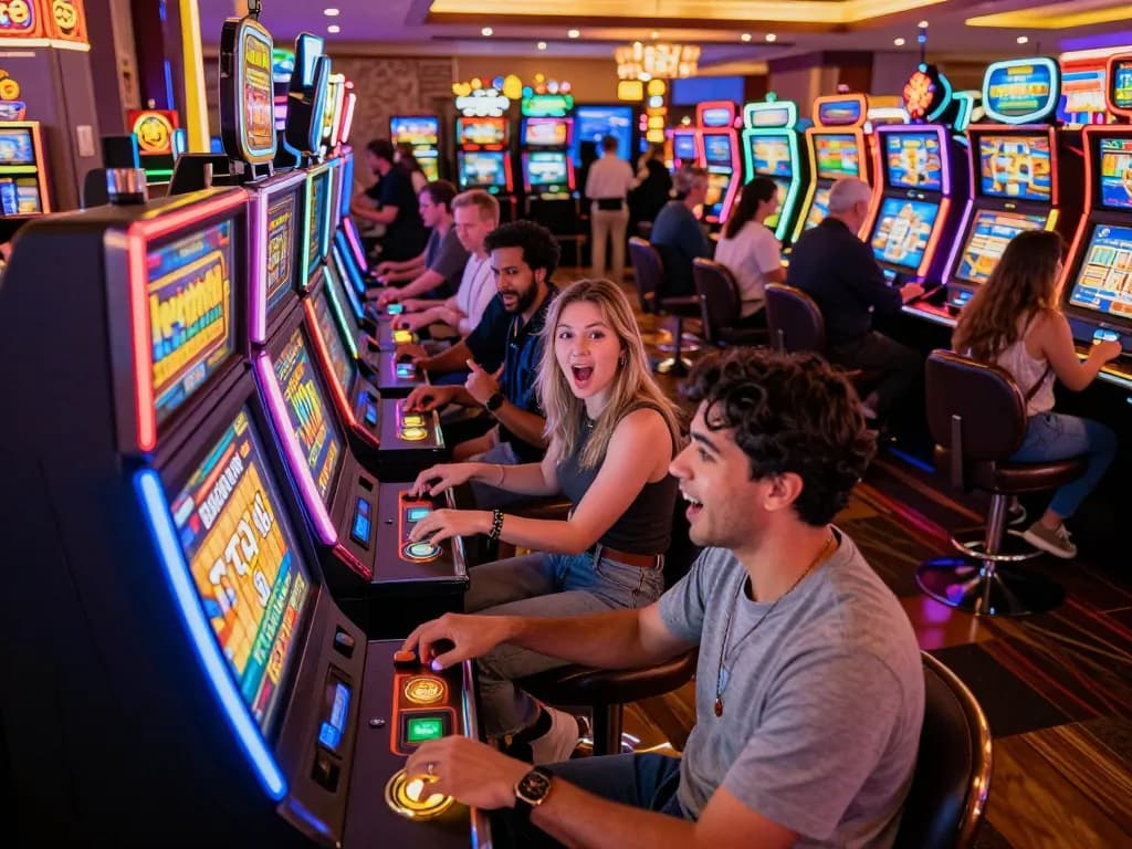 Players spinning slot machines at a vibrant casino, showcasing the excitement of slot gacor hari ini.