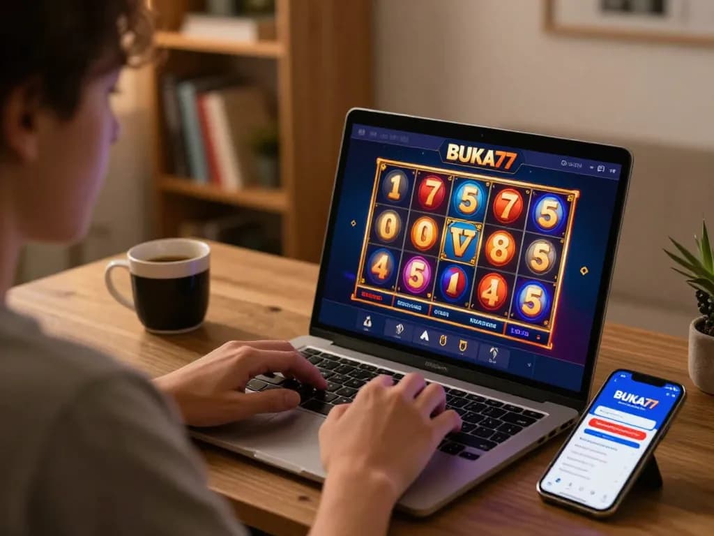 Player engaging with BUKA77 online casino showcasing exciting slot game action.