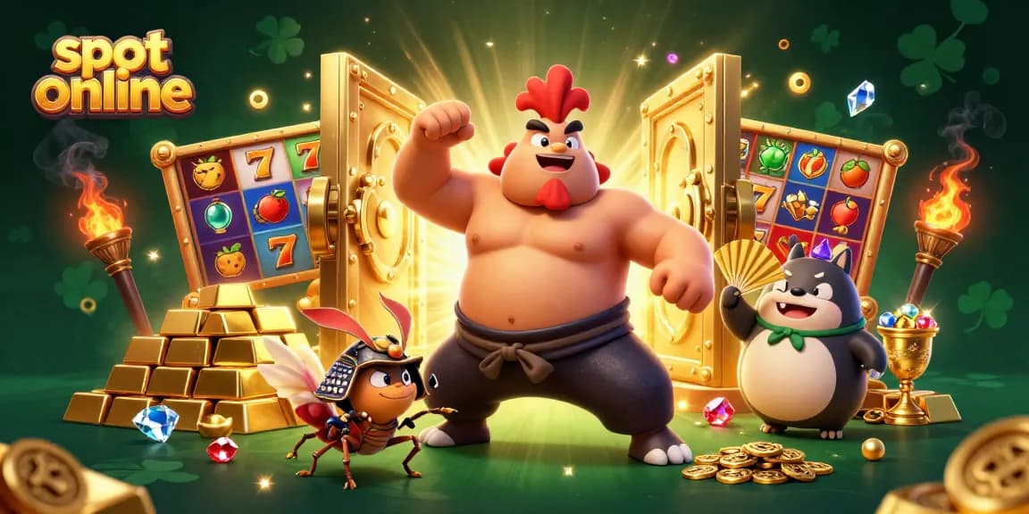 Engage with slot online games featuring dynamic visuals, lucky symbols, and vibrant characters in an immersive casino illustration.