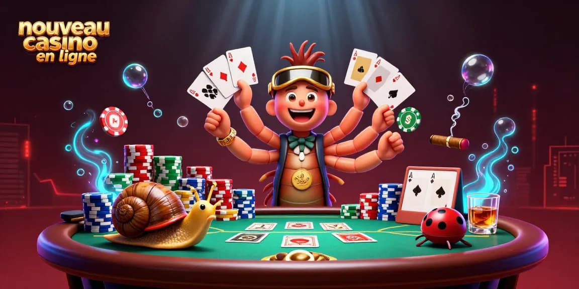 Illustration d'un nouveau casino en ligne avec un millipède croupier et des cartes autour.