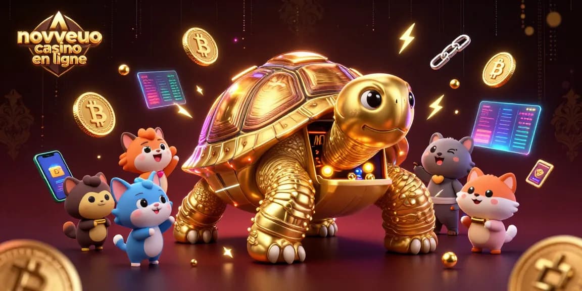 Jouez au nouveau casino en ligne avec une tortue géante et des éléments de jeux de casino captivants.
