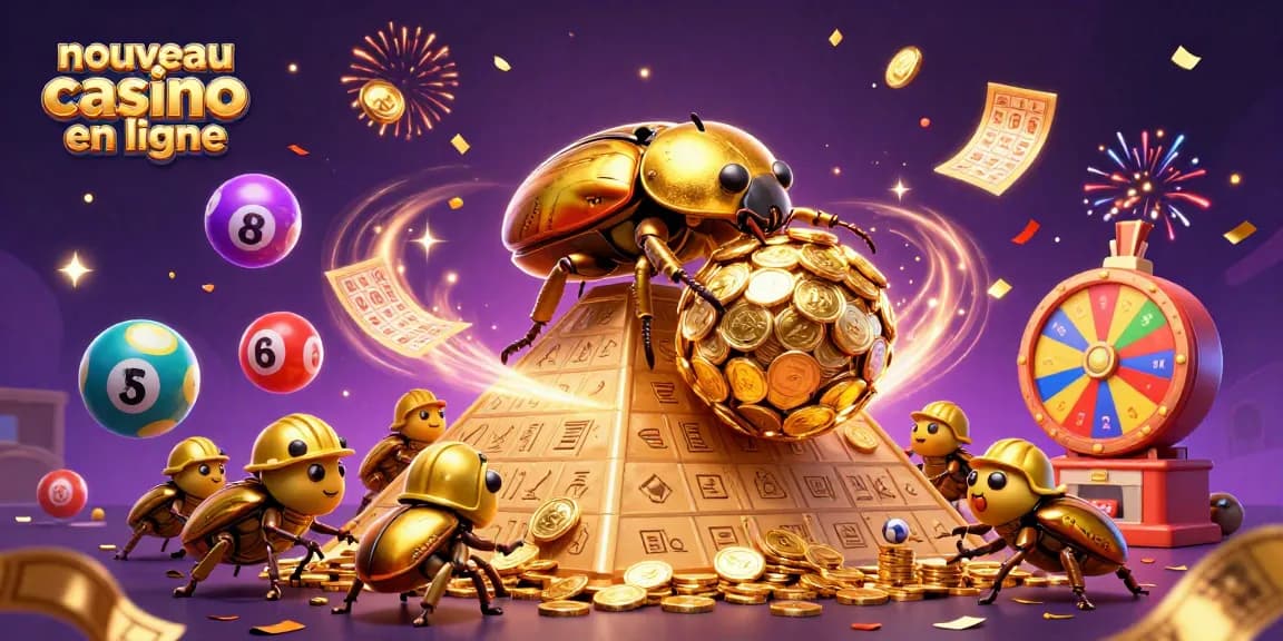 Illustration vibrante de nouveau casino en ligne, avec des éléments de loterie et de jungles dorées.
