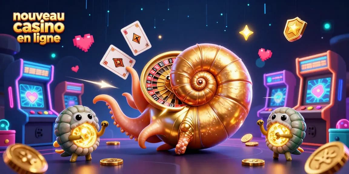 Plongez dans l'univers du nouveau casino en ligne avec un nautilus géant et des éléments de jeu colorés.