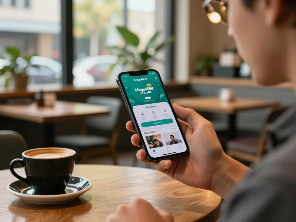 Download apk mega889 on smartphone while enjoying coffee at a trendy cafe setting.