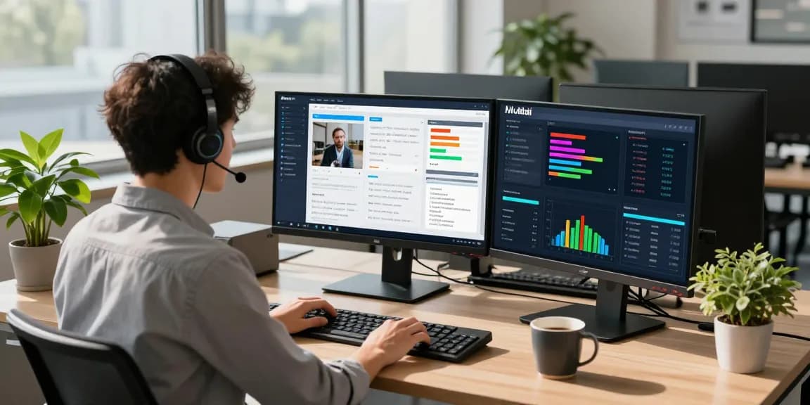 Detect AI images in a modern workspace where an analyst reviews flagged content on dual monitors.