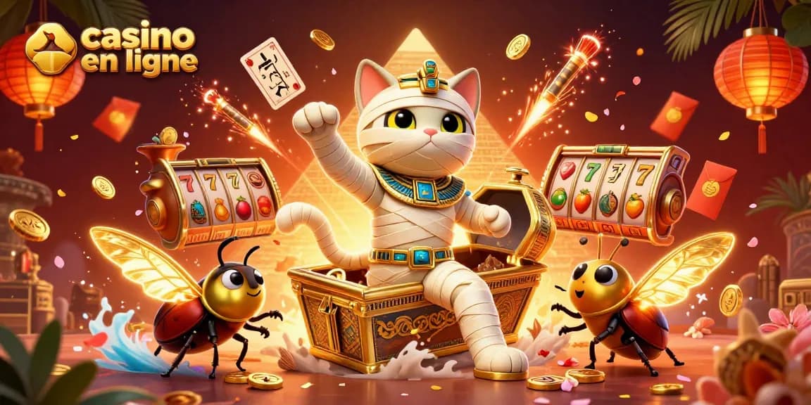 Profitez de l'univers des jeux de casino en ligne avec un chat momie et des éléments martiaux scintillants.