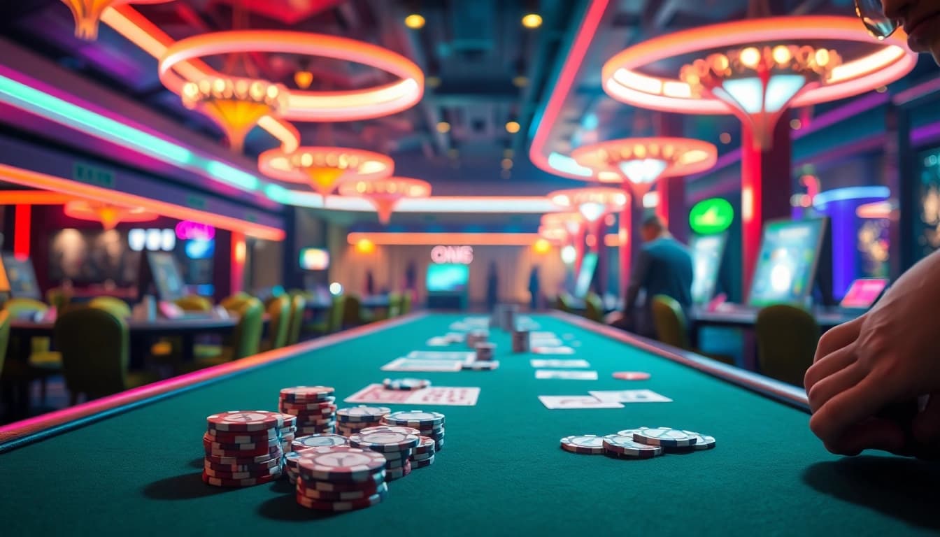 Neue casino bonus ohne einzahlung auf einem Tisch mit glänzenden Jetons und lebhaften Lichtern.