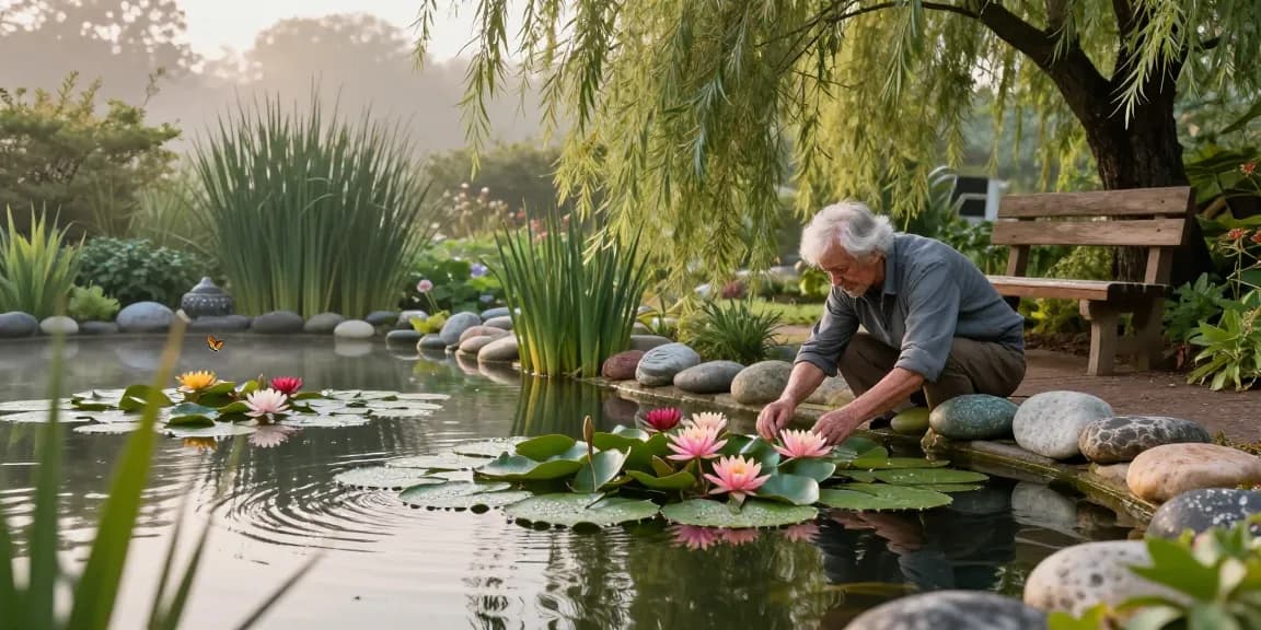 British Pond Plants flourishing in a tranquil garden pond at dawn, showcasing vibrant water lilies and peaceful surroundings.