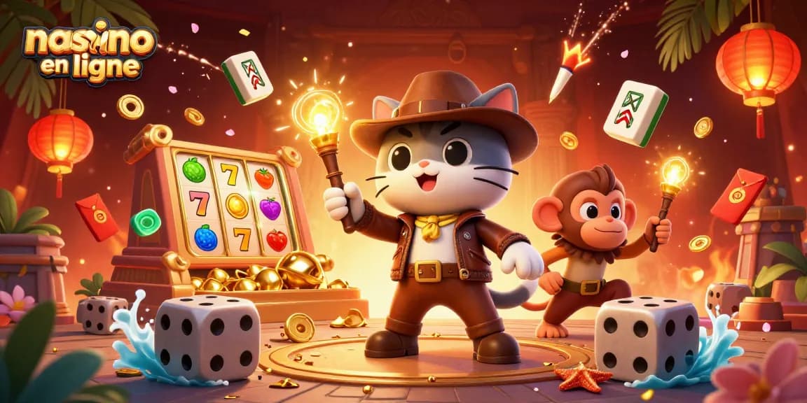 Image illustrant un nouveau casino en ligne avec un chat explorateur et des éléments de jeu riches