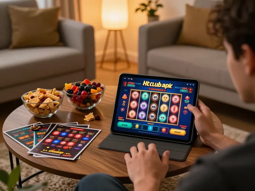 Player enjoying an engaging game on hitclubapk app with cozy home setup, showcasing online gambling.