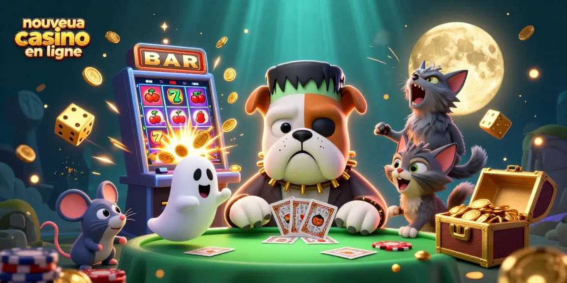 Énchantement au nouveau casino en ligne avec un bulldog Frankenstein et des symboles de jeu animés.
