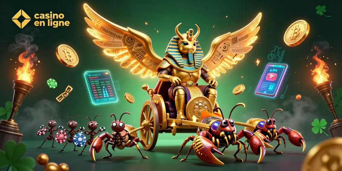 Jouez à des machines à sous dans un casino en ligne vibrant avec un scarabée doré colossal.