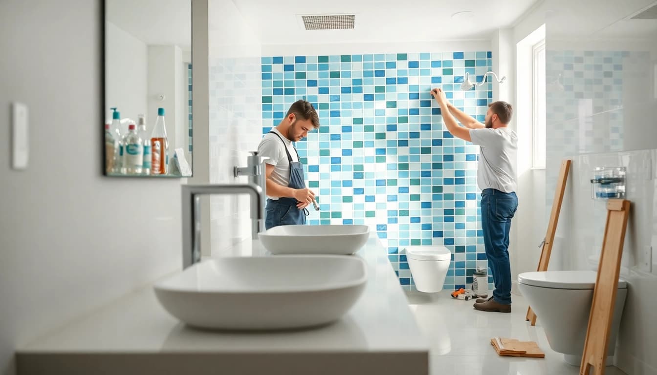 Skilled bathroom remodelers enhancing a vibrant, modern bathroom space.