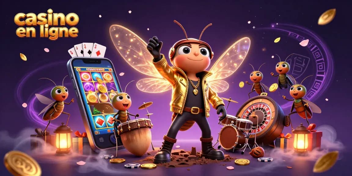 Jouez à une expérience immersive avec casino en ligne, mettant en vedette une rock star cigale et des éléments de jeu scintillants.