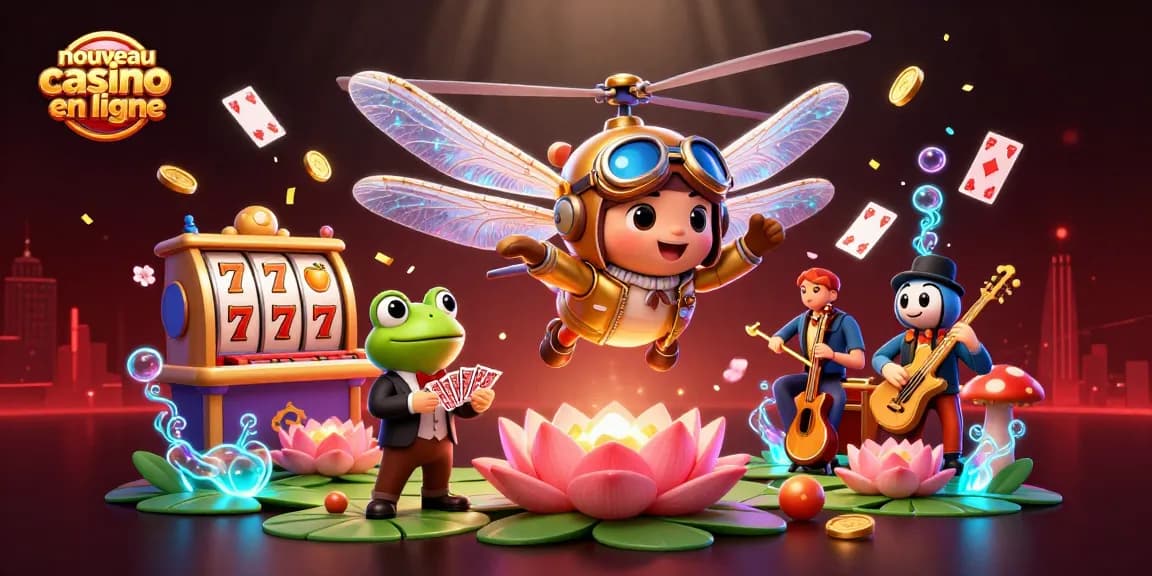 Illustration dynamique de nouveau casino en ligne avec un pilote d'hélicoptère libellule et un croupier grenouille.
