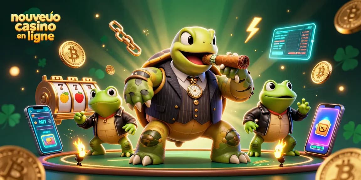 Illustration d'un nouveau casino en ligne avec une tortue massive en costume de mafieux, entourée de grenouilles en blouson.