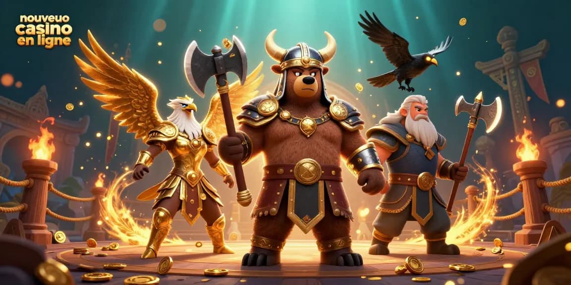 Visuel dynamique pour le nouveau casino en ligne, avec un ours Viking et un aigle Valkyrie entourés d'éléments de jeu captivants.