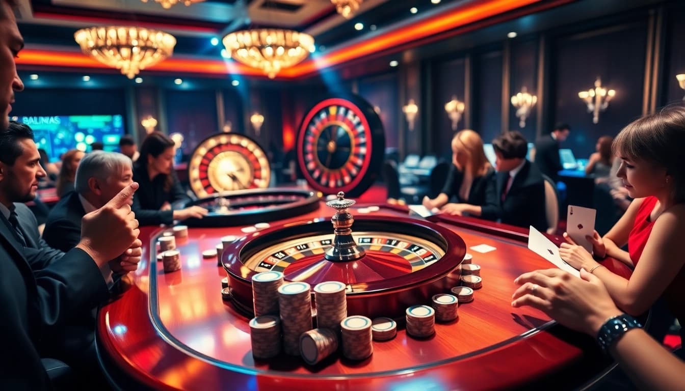 Scène de table de jeu dynamique au meilleur casino en ligne France avec des joueurs et des jetons.