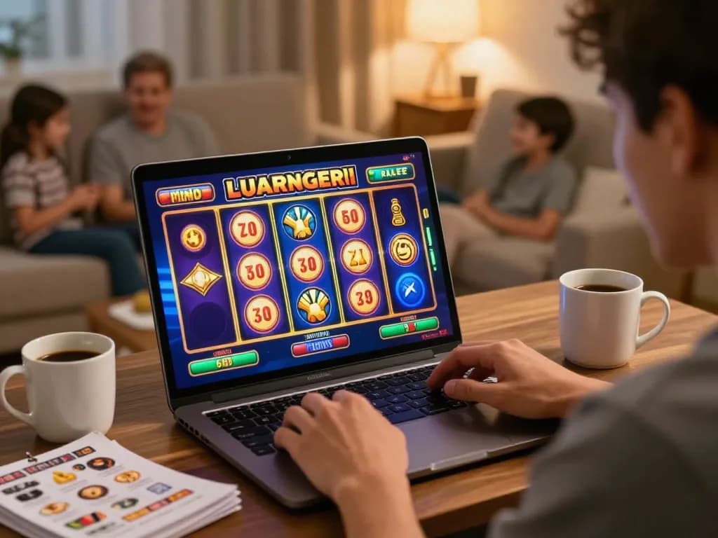 Player immersed in online gameplay using slot server luar negeri on laptop in cozy home environment.