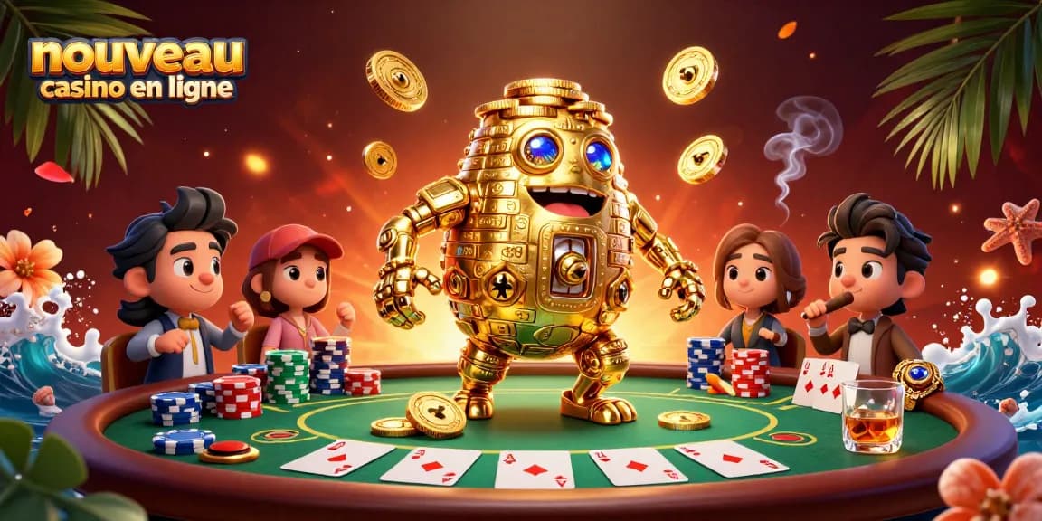 Profitez d'un aperçu coloré du nouveau casino en ligne avec un golem doré et des jeux de cartes.