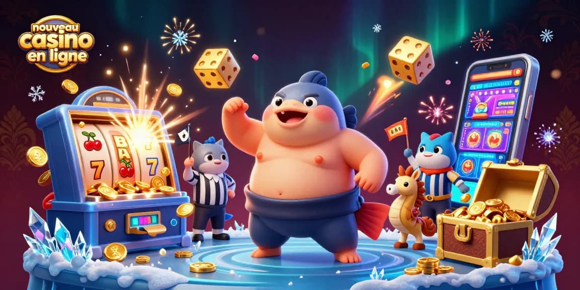 Venez découvrir le nouveau casino en ligne avec une illustration colorée de jeux de chance et une ambiance festive.
