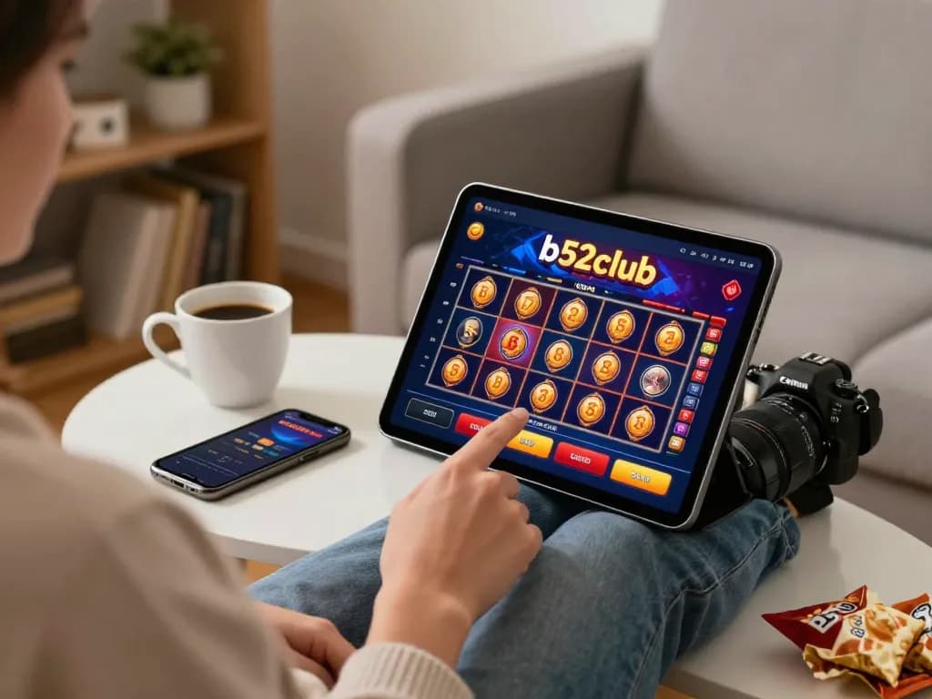 Engaging with the b52club app for exciting online casino gameplay from a cozy home setup.