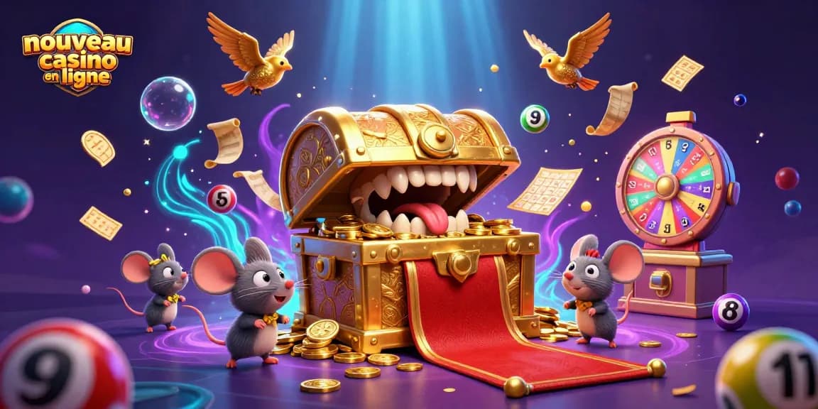 Jouez au nouveau casino en ligne avec un coffre au trésor captivant et des boules de loterie colorées.